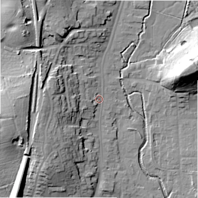 Shaded relief map of the ground around B955BS, computed from Environment Agency LiDAR. The ground here sits at about 73 m above sea level and falls 30 m across the surrounding 800 m. Surface water reaching this point runs off ground lying to the west-north-west, 14.6 m higher.