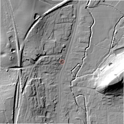 Shaded relief map of the ground around B955BX, computed from Environment Agency LiDAR. The ground here sits at about 74 m above sea level and falls 29 m across the surrounding 800 m. Surface water reaching this point runs off ground lying to the north-north-west, 18.4 m higher.