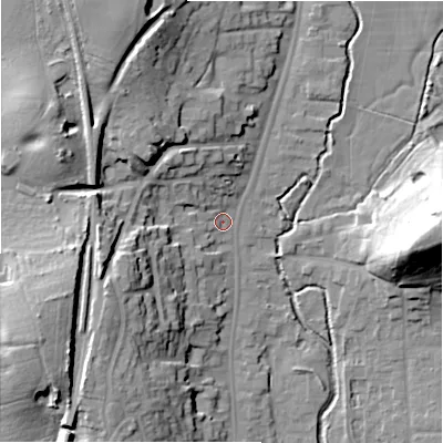 Shaded relief map of the ground around B955BY, computed from Environment Agency LiDAR. The ground here sits at about 74 m above sea level and falls 28 m across the surrounding 800 m. Surface water reaching this point runs off ground lying to the west-north-west, 17.7 m higher.