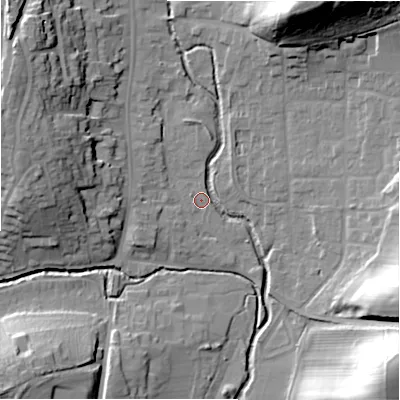 Shaded relief map of the ground around B955DD, computed from Environment Agency LiDAR. The ground here sits at about 70 m above sea level and falls 30 m across the surrounding 800 m. Surface water reaching this point runs off ground lying to the north-west, 17.8 m higher.