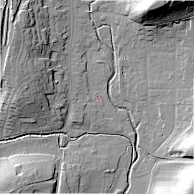 Shaded relief map of the ground around B955DE, computed from Environment Agency LiDAR. The ground here sits at about 71 m above sea level and falls 30 m across the surrounding 800 m. Surface water reaching this point runs off ground lying to the north-west, 17.7 m higher.