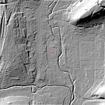 Shaded relief map of the ground around B955DF, computed from Environment Agency LiDAR. The ground here sits at about 71 m above sea level and falls 38 m across the surrounding 800 m. Surface water reaching this point runs off ground lying to the west-north-west, 17.7 m higher.