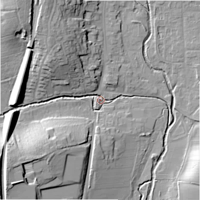 Shaded relief map of the ground around B955DH, computed from Environment Agency LiDAR. The ground here sits at about 70 m above sea level and falls 25 m across the surrounding 800 m. Surface water reaching this point runs off ground lying to the north-west, 22.4 m higher.
