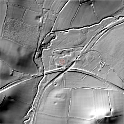 Shaded relief map of the ground around B955DZ, computed from Environment Agency LiDAR. The ground here sits at about 73 m above sea level and falls 25 m across the surrounding 800 m. Surface water reaching this point runs off ground lying to the east-north-east, 0.6 m higher.