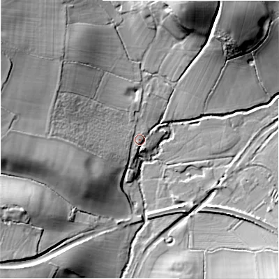 Shaded relief map of the ground around B955ED, computed from Environment Agency LiDAR. The ground here sits at about 76 m above sea level and falls 32 m across the surrounding 800 m. Surface water reaching this point runs off ground lying to the west, 7.0 m higher.