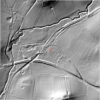 Shaded relief map of the ground around B955EF, computed from Environment Agency LiDAR. The ground here sits at about 74 m above sea level and falls 25 m across the surrounding 800 m. Surface water reaching this point runs off ground lying to the south-east, 11.7 m higher.