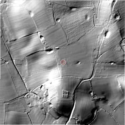 Shaded relief map of the ground around B955EG, computed from Environment Agency LiDAR. The ground here sits at about 106 m above sea level and falls 32 m across the surrounding 800 m. Surface water reaching this point runs off ground lying to the north-west, 1.0 m higher.