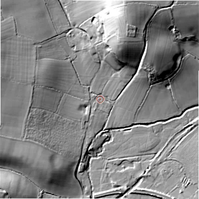 Shaded relief map of the ground around B955EH, computed from Environment Agency LiDAR. The ground here sits at about 75 m above sea level and falls 35 m across the surrounding 800 m. Surface water reaching this point runs off ground lying to the north-north-east, 31.3 m higher.