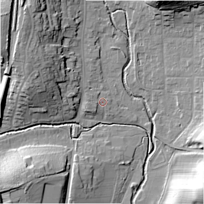 Shaded relief map of the ground around B955FD, computed from Environment Agency LiDAR. The ground here sits at about 71 m above sea level and falls 26 m across the surrounding 800 m. Surface water reaching this point runs off ground lying to the west-north-west, 1.5 m higher.