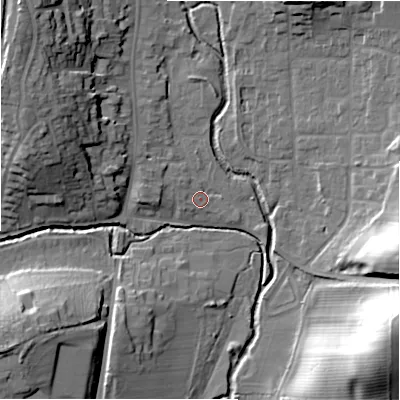Shaded relief map of the ground around B955FE, computed from Environment Agency LiDAR. The ground here sits at about 71 m above sea level and falls 31 m across the surrounding 800 m. Surface water reaching this point runs off ground lying to the north-west, 1.3 m higher.