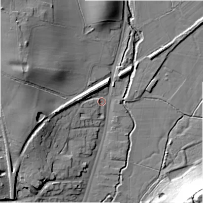 Shaded relief map of the ground around B955FG, computed from Environment Agency LiDAR. The ground here sits at about 75 m above sea level and falls 33 m across the surrounding 800 m. Surface water reaching this point runs off ground lying to the west, 9.0 m higher.