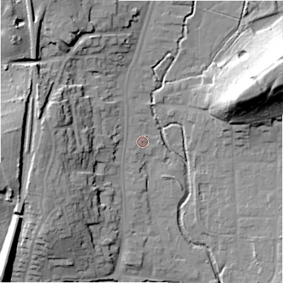 Shaded relief map of the ground around B955GA, computed from Environment Agency LiDAR. The ground here sits at about 72 m above sea level and falls 32 m across the surrounding 800 m. Surface water reaching this point runs off ground lying to the north-west, 1.4 m higher.