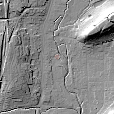 Shaded relief map of the ground around B955GD, computed from Environment Agency LiDAR. The ground here sits at about 71 m above sea level and falls 37 m across the surrounding 800 m. Surface water reaching this point runs off ground lying to the west-north-west, 17.5 m higher.