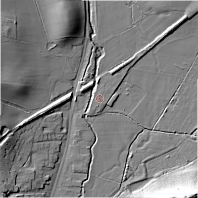 Shaded relief map of the ground around B955GF, computed from Environment Agency LiDAR. The ground here sits at about 76 m above sea level and falls 31 m across the surrounding 800 m. Surface water reaching this point runs off ground lying to the north, 3.3 m higher.
