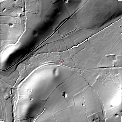 Shaded relief map of the ground around B955HN, computed from Environment Agency LiDAR. The ground here sits at about 87 m above sea level and falls 32 m across the surrounding 800 m. Surface water reaching this point runs off ground lying to the south-south-west, 14.8 m higher.
