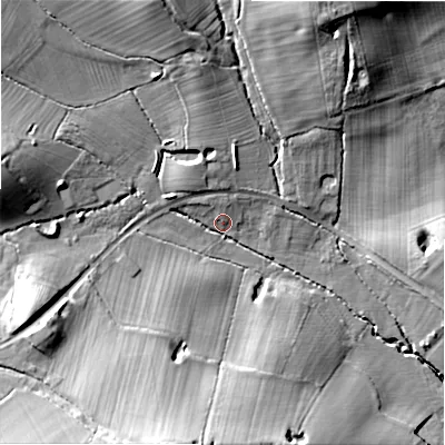 Shaded relief map of the ground around B955NY, computed from Environment Agency LiDAR. The ground here sits at about 104 m above sea level and falls 30 m across the surrounding 800 m. Surface water reaching this point runs off ground lying to the north-west, 5.0 m higher.
