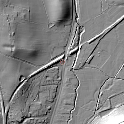 Shaded relief map of the ground around B955QA, computed from Environment Agency LiDAR. The ground here sits at about 75 m above sea level and falls 30 m across the surrounding 800 m. Surface water reaching this point runs off ground lying to the west-north-west, 20.7 m higher.