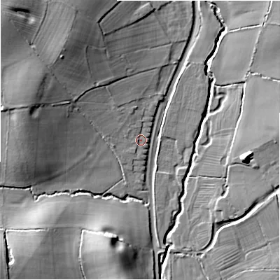 Shaded relief map of the ground around B955QD, computed from Environment Agency LiDAR. The ground here sits at about 80 m above sea level and falls 24 m across the surrounding 800 m. Surface water reaching this point runs off ground lying to the west-north-west, 7.2 m higher.