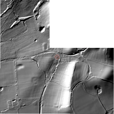 Shaded relief map of the ground around B955QQ, computed from Environment Agency LiDAR. The ground here sits at about 99 m above sea level and falls 43 m across the surrounding 800 m. Surface water reaching this point runs off ground lying to the east, 27.8 m higher.