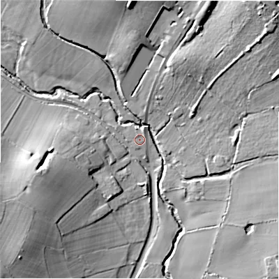 Shaded relief map of the ground around B955QR, computed from Environment Agency LiDAR. The ground here sits at about 82 m above sea level and falls 27 m across the surrounding 800 m. Surface water reaching this point runs off ground lying to the north-north-east, 1.7 m higher.