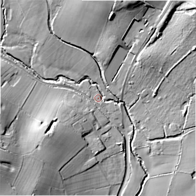 Shaded relief map of the ground around B955RA, computed from Environment Agency LiDAR. The ground here sits at about 83 m above sea level and falls 25 m across the surrounding 800 m. Surface water reaching this point runs off ground lying to the west-south-west, 16.2 m higher.