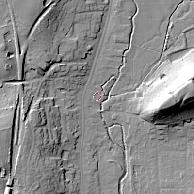 Shaded relief map of the ground around B955SS, computed from Environment Agency LiDAR. The ground here sits at about 72 m above sea level and falls 32 m across the surrounding 800 m. Surface water reaching this point runs off ground lying to the west-north-west, 20.3 m higher.