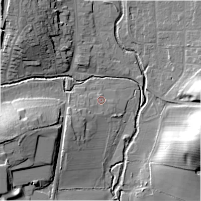 Shaded relief map of the ground around B956AF, computed from Environment Agency LiDAR. The ground here sits at about 71 m above sea level and falls 29 m across the surrounding 800 m. Surface water reaching this point runs off ground lying to the south-west, 3.6 m higher.
