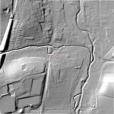 Shaded relief map of the ground around B956AG, computed from Environment Agency LiDAR. The ground here sits at about 71 m above sea level and falls 25 m across the surrounding 800 m. Surface water reaching this point runs off ground lying to the south-south-west, 3.9 m higher.