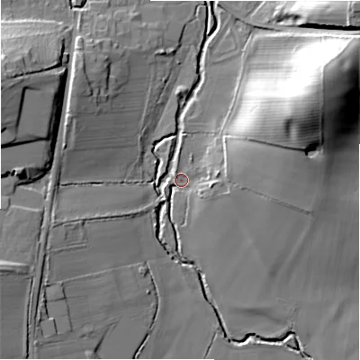 Shaded relief map of the ground around B956AP, computed from Environment Agency LiDAR. The ground here sits at about 67 m above sea level and falls 34 m across the surrounding 800 m. Surface water reaching this point runs off ground lying to the east-north-east, 13.6 m higher.