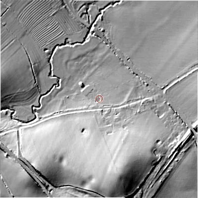 Shaded relief map of the ground around B956DN, computed from Environment Agency LiDAR. The ground here sits at about 64 m above sea level and falls 22 m across the surrounding 800 m. Surface water reaching this point runs off ground lying to the south-south-east, 18.2 m higher.