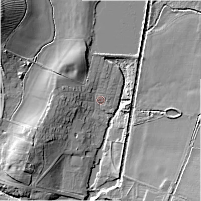 Shaded relief map of the ground around B956EA, computed from Environment Agency LiDAR. The ground here sits at about 62 m above sea level and falls 18 m across the surrounding 800 m. Surface water reaching this point runs off ground lying to the north-north-west, 6.2 m higher.