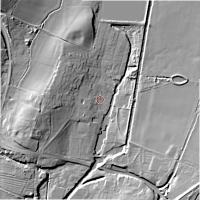 Shaded relief map of the ground around B956EB, computed from Environment Agency LiDAR. The ground here sits at about 61 m above sea level and falls 16 m across the surrounding 800 m. Surface water reaching this point runs off ground lying to the west, 7.7 m higher.