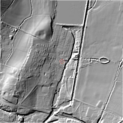 Shaded relief map of the ground around B956EF, computed from Environment Agency LiDAR. The ground here sits at about 61 m above sea level and falls 17 m across the surrounding 800 m. Surface water reaching this point runs off ground lying to the north-north-west, 7.2 m higher.