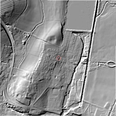 Shaded relief map of the ground around B956EJ, computed from Environment Agency LiDAR. The ground here sits at about 64 m above sea level and falls 20 m across the surrounding 800 m. Surface water reaching this point runs off ground lying to the west, 4.4 m higher.