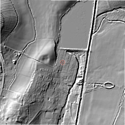 Shaded relief map of the ground around B956EL, computed from Environment Agency LiDAR. The ground here sits at about 63 m above sea level and falls 17 m across the surrounding 800 m. Surface water reaching this point runs off ground lying to the north-north-west, 0.9 m higher.