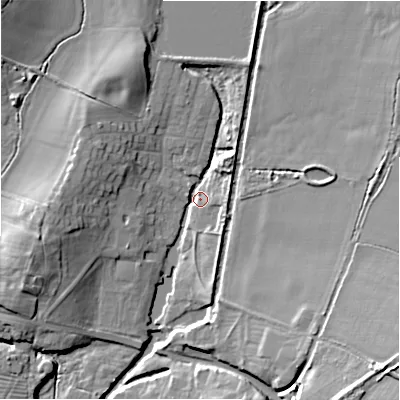 Shaded relief map of the ground around B956EN, computed from Environment Agency LiDAR. The ground here sits at about 61 m above sea level and falls 17 m across the surrounding 800 m. Surface water reaching this point runs off ground lying to the north-north-west, 8.3 m higher.
