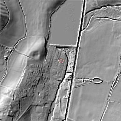 Shaded relief map of the ground around B956EP, computed from Environment Agency LiDAR. The ground here sits at about 63 m above sea level and falls 14 m across the surrounding 800 m. Surface water reaching this point runs off ground lying to the north-west, 0.8 m higher.