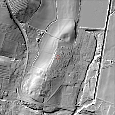 Shaded relief map of the ground around B956EQ, computed from Environment Agency LiDAR. The ground here sits at about 67 m above sea level and falls 21 m across the surrounding 800 m. The ground contributing surface water to this point lies to the west.