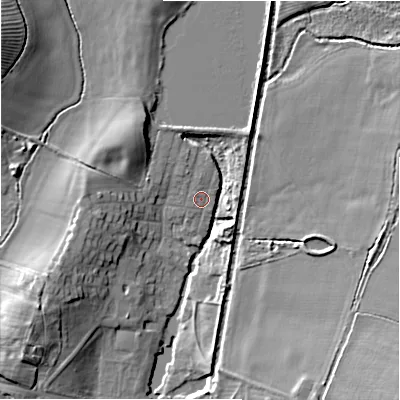 Shaded relief map of the ground around B956ER, computed from Environment Agency LiDAR. The ground here sits at about 62 m above sea level and falls 13 m across the surrounding 800 m. Surface water reaching this point runs off ground lying to the north, 0.9 m higher.