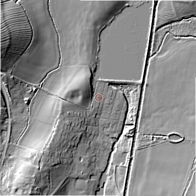 Shaded relief map of the ground around B956EW, computed from Environment Agency LiDAR. The ground here sits at about 63 m above sea level and falls 17 m across the surrounding 800 m. Surface water reaching this point runs off ground lying to the north-west, 4.4 m higher.