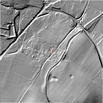Shaded relief map of the ground around B956EZ, computed from Environment Agency LiDAR. The ground here sits at about 66 m above sea level and falls 32 m across the surrounding 800 m. Surface water reaching this point runs off ground lying to the south-east, 23.2 m higher.