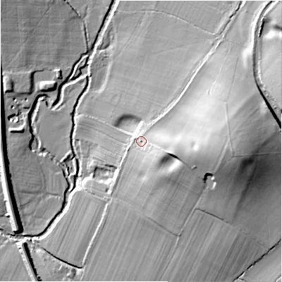 Shaded relief map of the ground around B956HB, computed from Environment Agency LiDAR. The ground here sits at about 65 m above sea level and falls 29 m across the surrounding 800 m. Surface water reaching this point runs off ground lying to the south-east, 8.0 m higher.