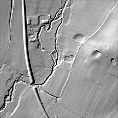 Shaded relief map of the ground around B956HD, computed from Environment Agency LiDAR. The ground here sits at about 57 m above sea level and falls 28 m across the surrounding 800 m. Surface water reaching this point runs off ground lying to the east-north-east, 25.9 m higher.