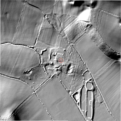 Shaded relief map of the ground around B956HJ, computed from Environment Agency LiDAR. The ground here sits at about 65 m above sea level and falls 34 m across the surrounding 800 m. Surface water reaching this point runs off ground lying to the north-north-east, 1.4 m higher.