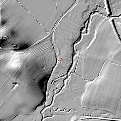 Shaded relief map of the ground around B956HL, computed from Environment Agency LiDAR. The ground here sits at about 56 m above sea level and falls 30 m across the surrounding 800 m. Surface water reaching this point runs off ground lying to the west-north-west, 27.6 m higher.