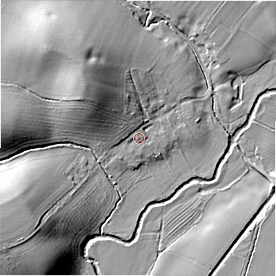 Shaded relief map of the ground around B956HW, computed from Environment Agency LiDAR. The ground here sits at about 55 m above sea level and falls 23 m across the surrounding 800 m. Surface water reaching this point runs off ground lying to the west, 1.2 m higher.
