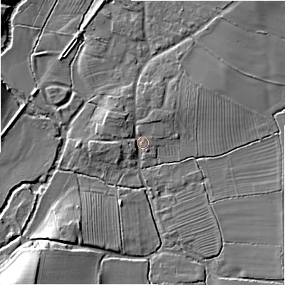 Shaded relief map of the ground around B956JD, computed from Environment Agency LiDAR. The ground here sits at about 53 m above sea level and falls 14 m across the surrounding 800 m. Surface water reaching this point runs off ground lying to the north-west, 3.1 m higher.