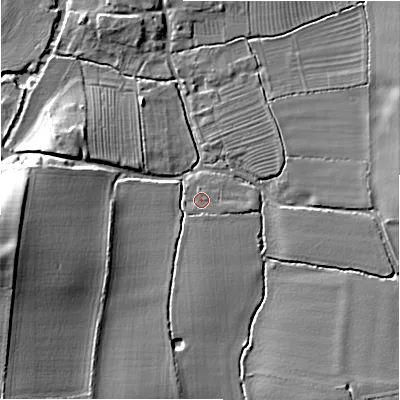 Shaded relief map of the ground around B956JL, computed from Environment Agency LiDAR. The ground here sits at about 52 m above sea level and falls 16 m across the surrounding 800 m. Surface water reaching this point runs off ground lying to the south-south-west, 2.5 m higher.