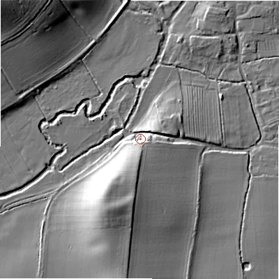 Shaded relief map of the ground around B956JP, computed from Environment Agency LiDAR. The ground here sits at about 53 m above sea level and falls 22 m across the surrounding 800 m. Surface water reaching this point runs off ground lying to the south, 9.0 m higher.