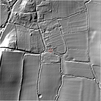 Shaded relief map of the ground around B956JR, computed from Environment Agency LiDAR. The ground here sits at about 52 m above sea level and falls 14 m across the surrounding 800 m. Surface water reaching this point runs off ground lying to the east, 7.2 m higher.